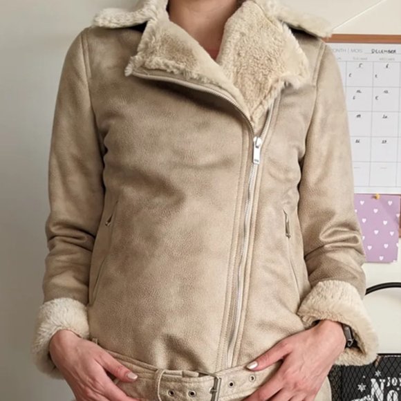 Faux fur beige/cream moto jacket Stradivarius - NEW - Picture 1 of 7